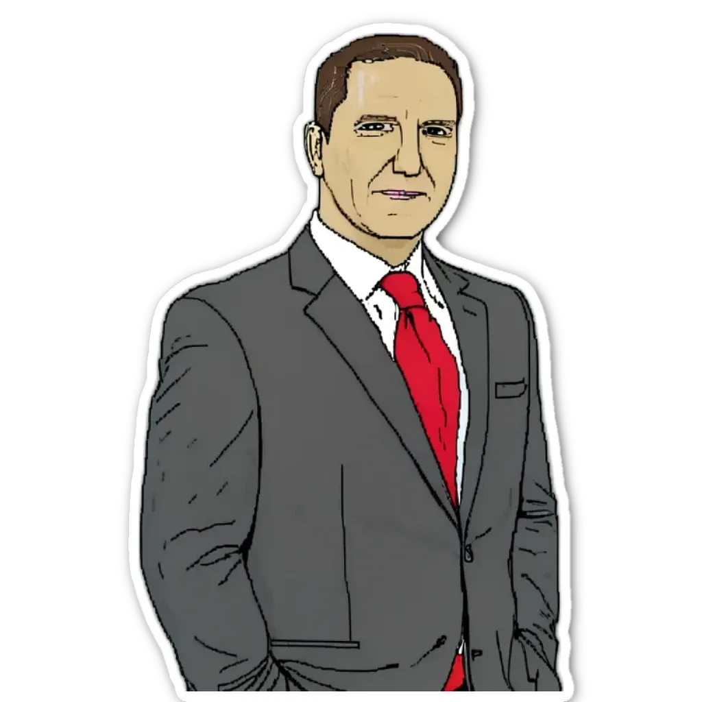 A red necktie and gray suit are worn by a cartoon image of a man.