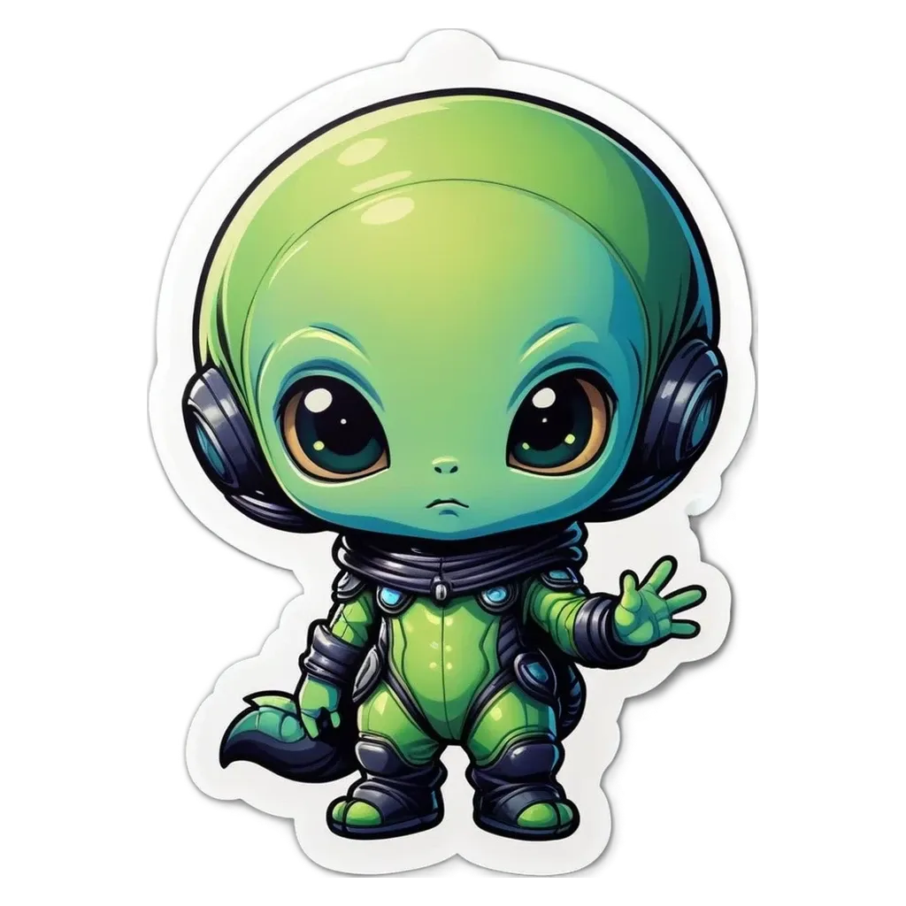 A green alien wearing a spacesuit and holding up a peace sign.