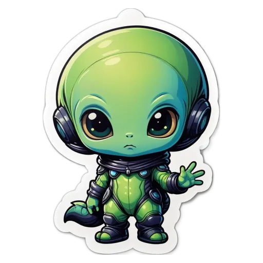 A green alien wearing a spacesuit and holding up a peace sign.