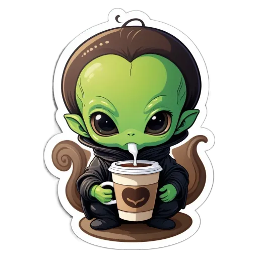 A cartoon green alien holding a cup of coffee.