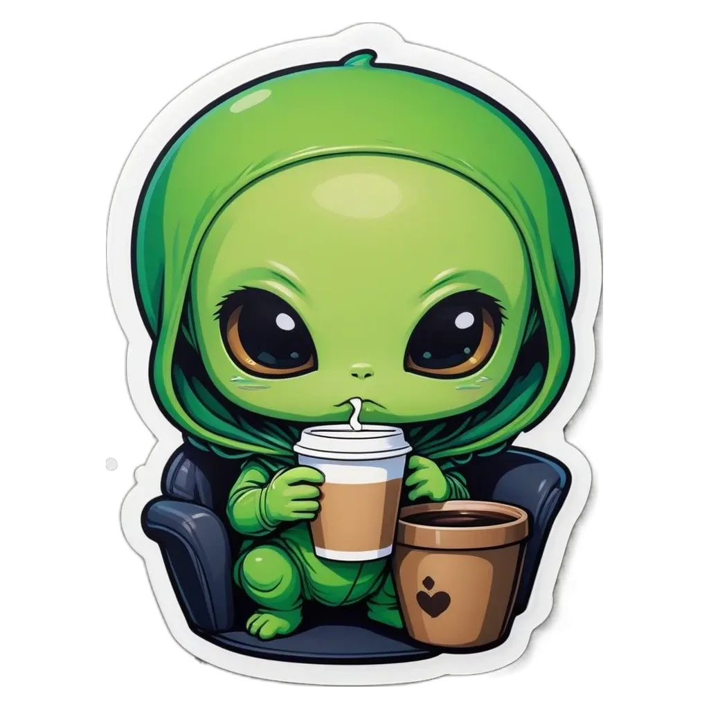 A sticker of an alien that is drinking from a cup.