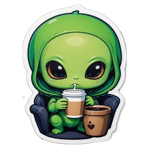 A sticker of an alien that is drinking from a cup.