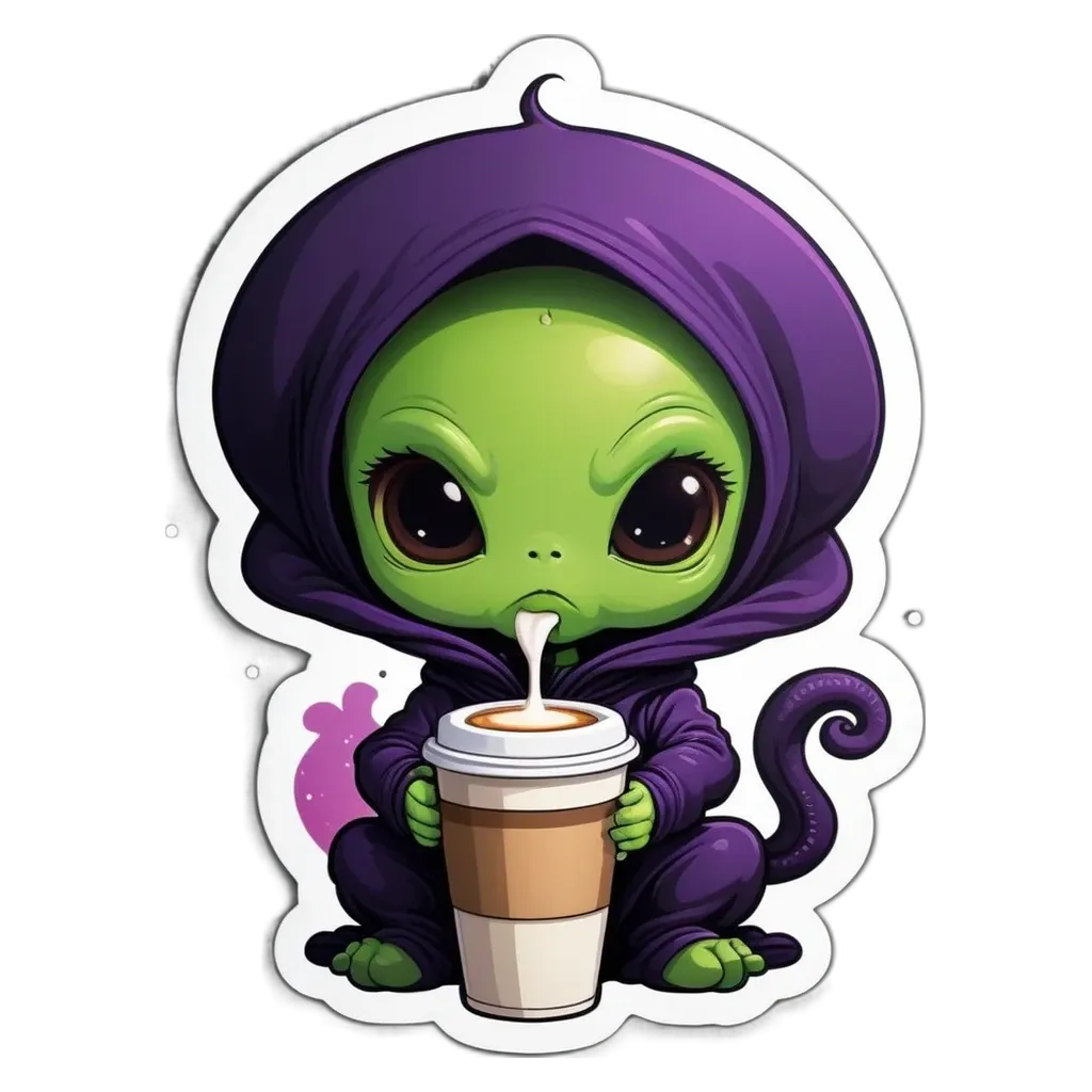 A cartoon alien drinking from a cup.