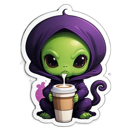 A cartoon alien drinking from a cup.