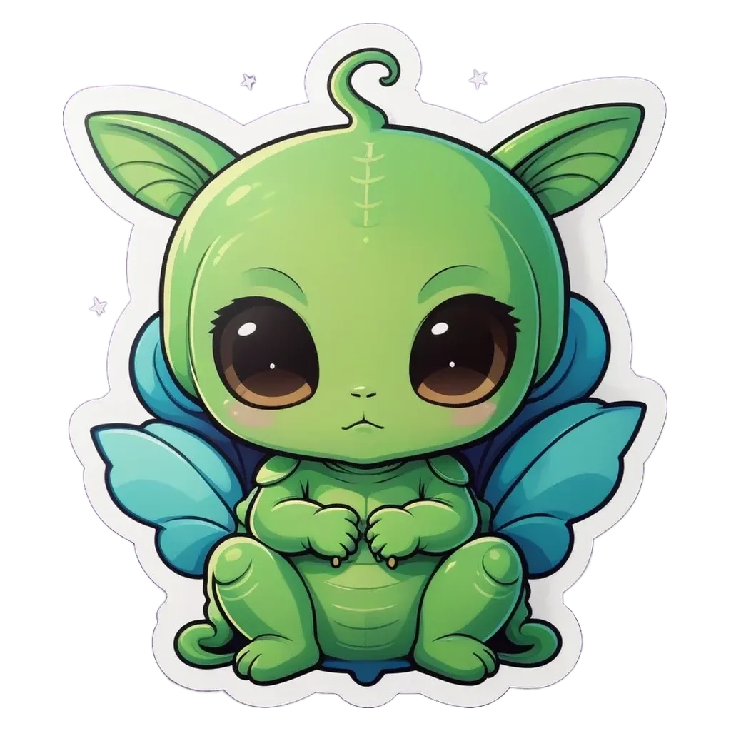 A green creature with wings that is drawing on a sticker.