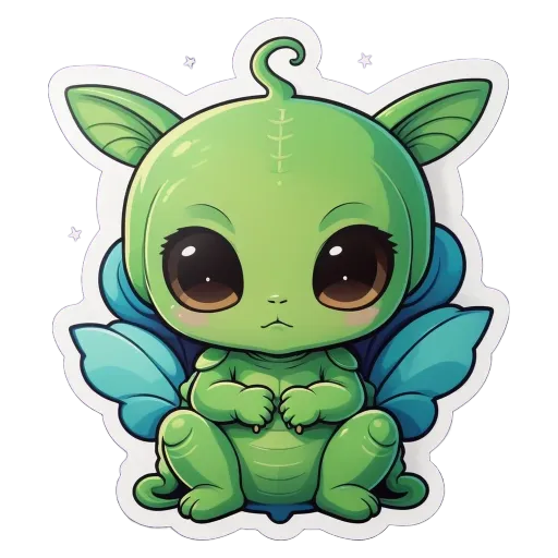 A green creature with wings that is drawing on a sticker.