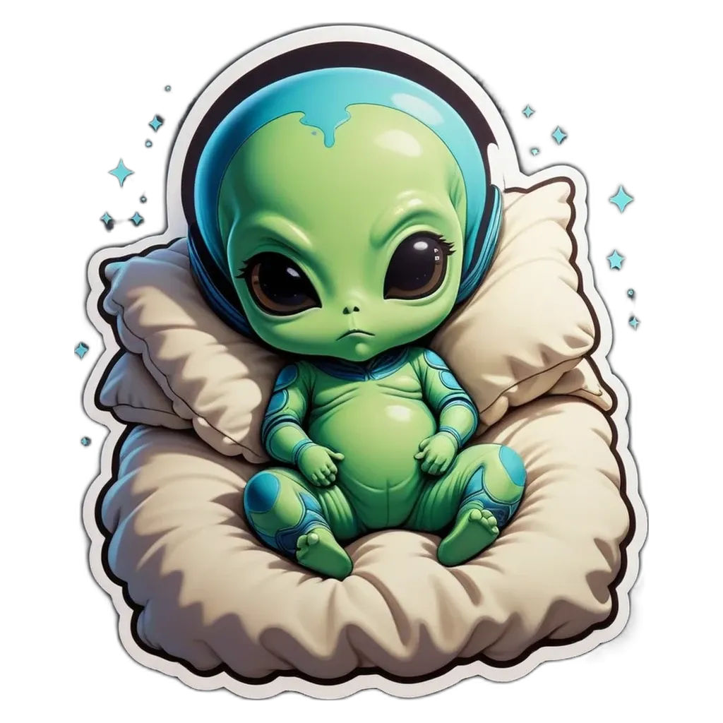 A sticker of a green alien on a pillow.