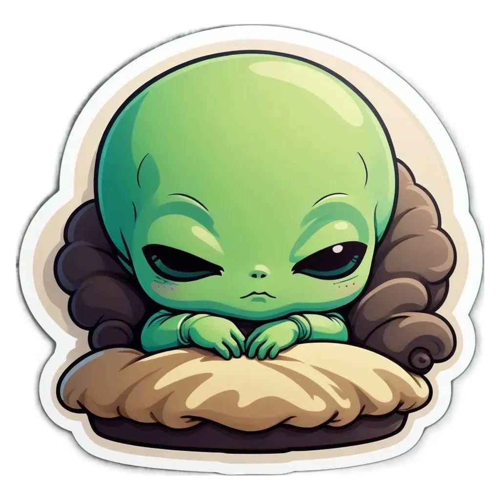 A green alien on a sticker that is looking sad.