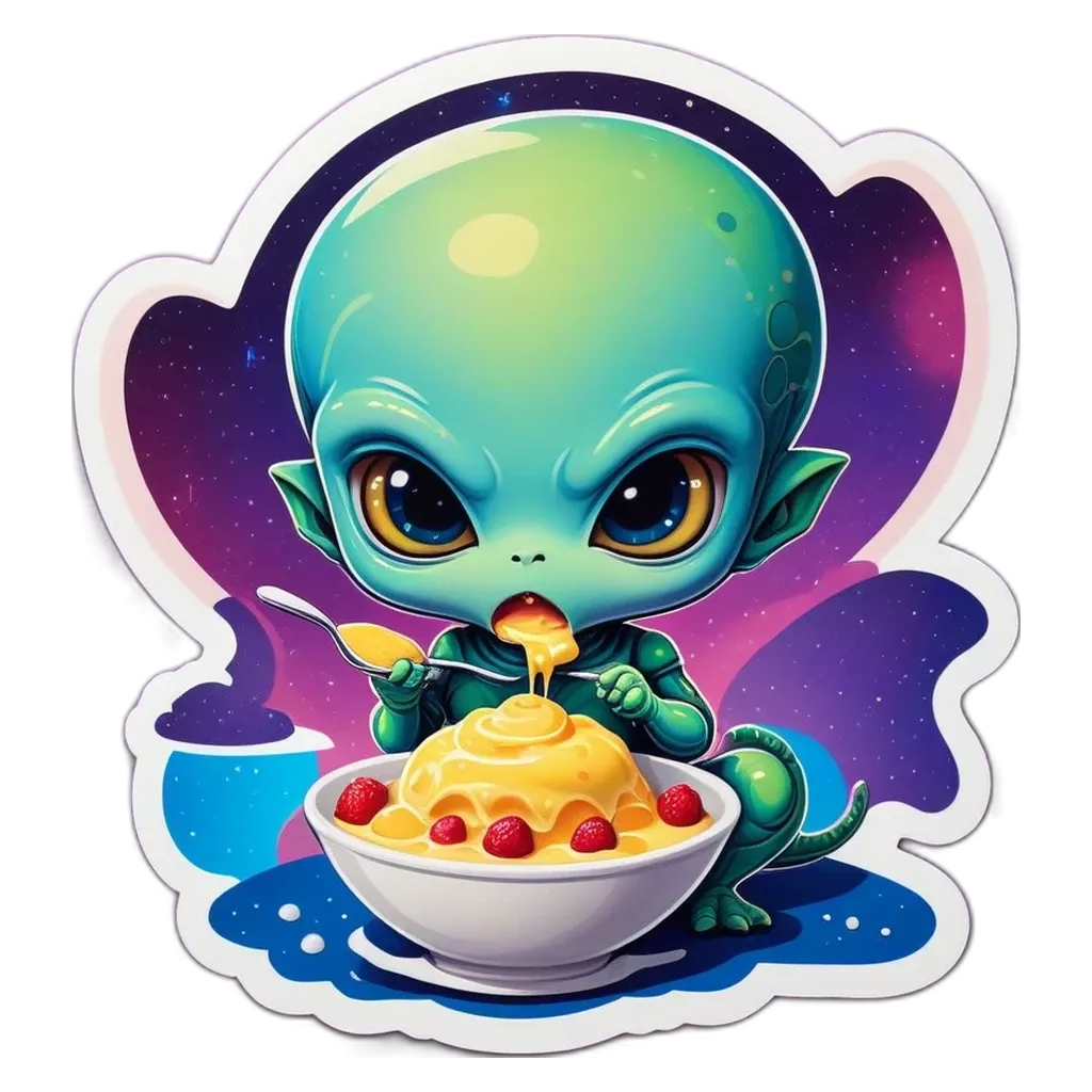 A sticker of a green alien eating from a bowl of fruit.