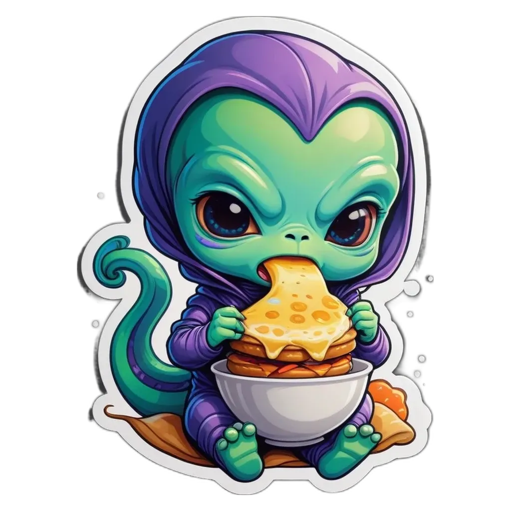 A cartoon of a small alien eating cheese that is in a bowl.