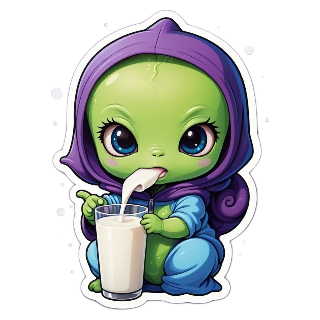 A cartoon depiction of a alien drinking milk from a glass.