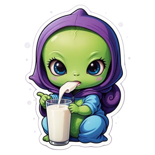 A cartoon depiction of a alien drinking milk from a glass.