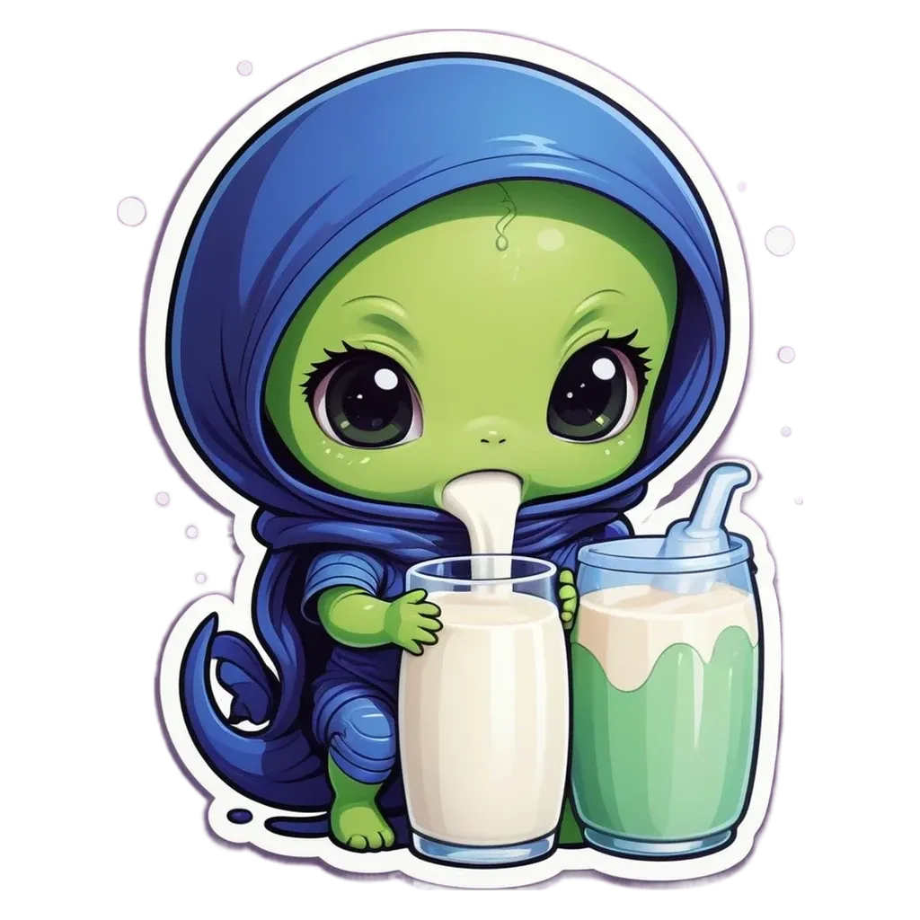 A cartoon alien drinking milk from a glass.