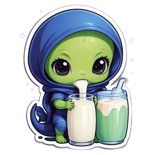 A cartoon alien drinking milk from a glass.