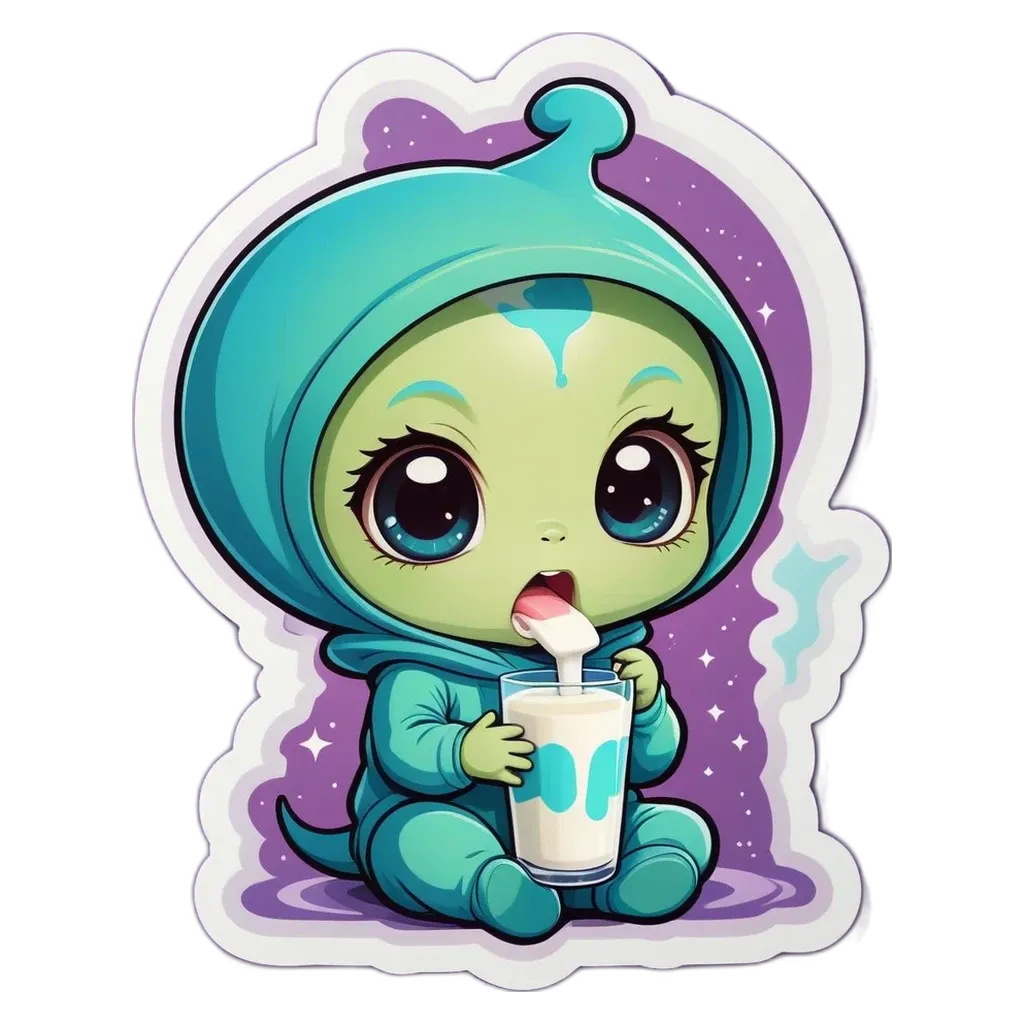 A cartoon drawing of a baby alien drinking milk.