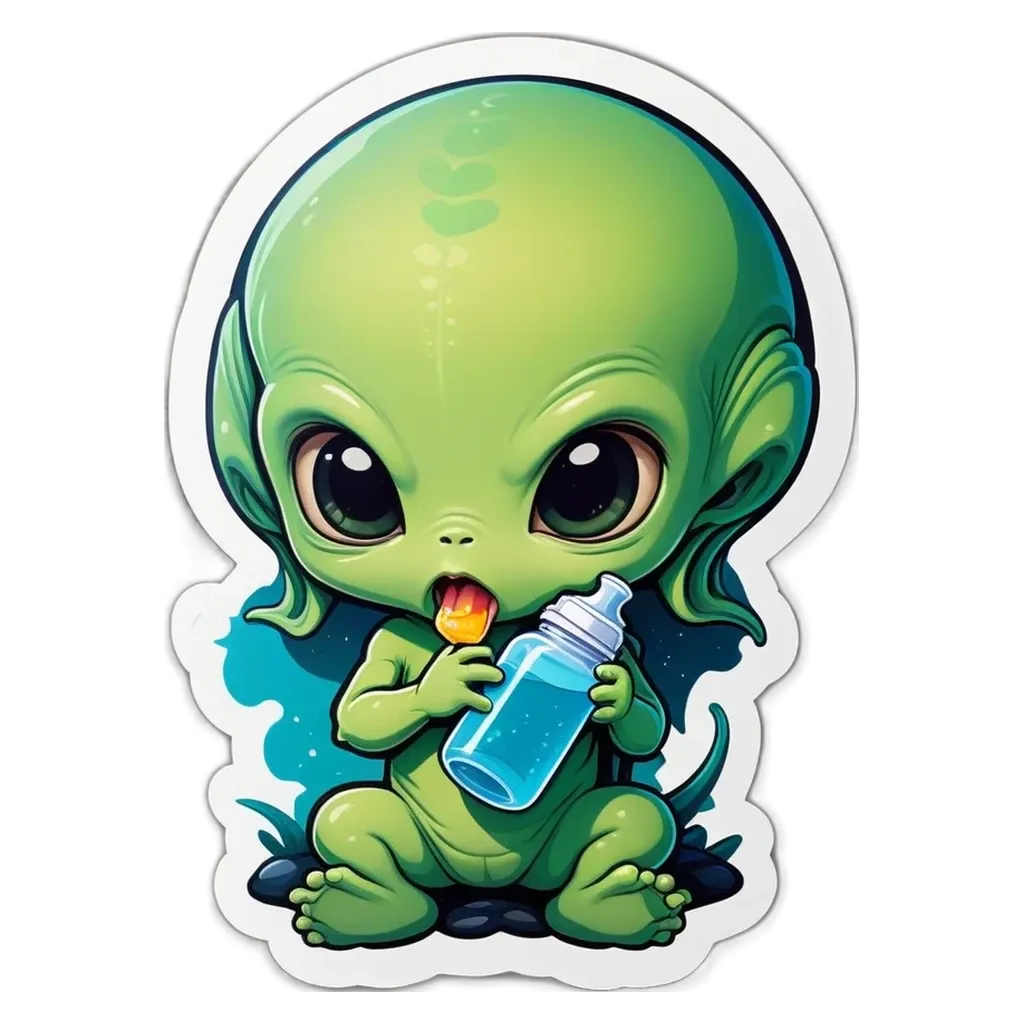 A sticker of a green alien that is drinking from a blue bottle.