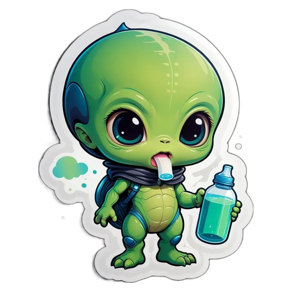 A sticker of a green alien that is holding a bottle.