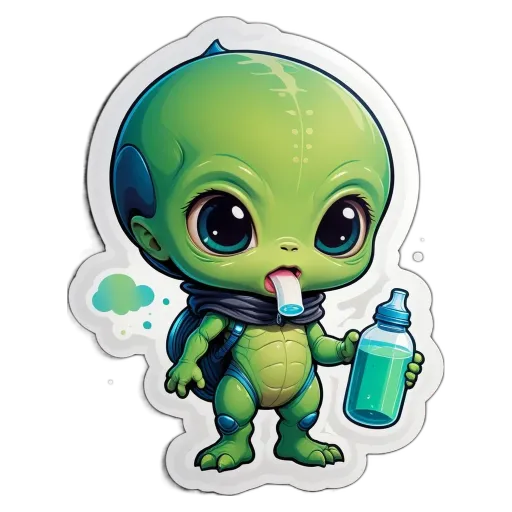 A sticker of a green alien that is holding a bottle.