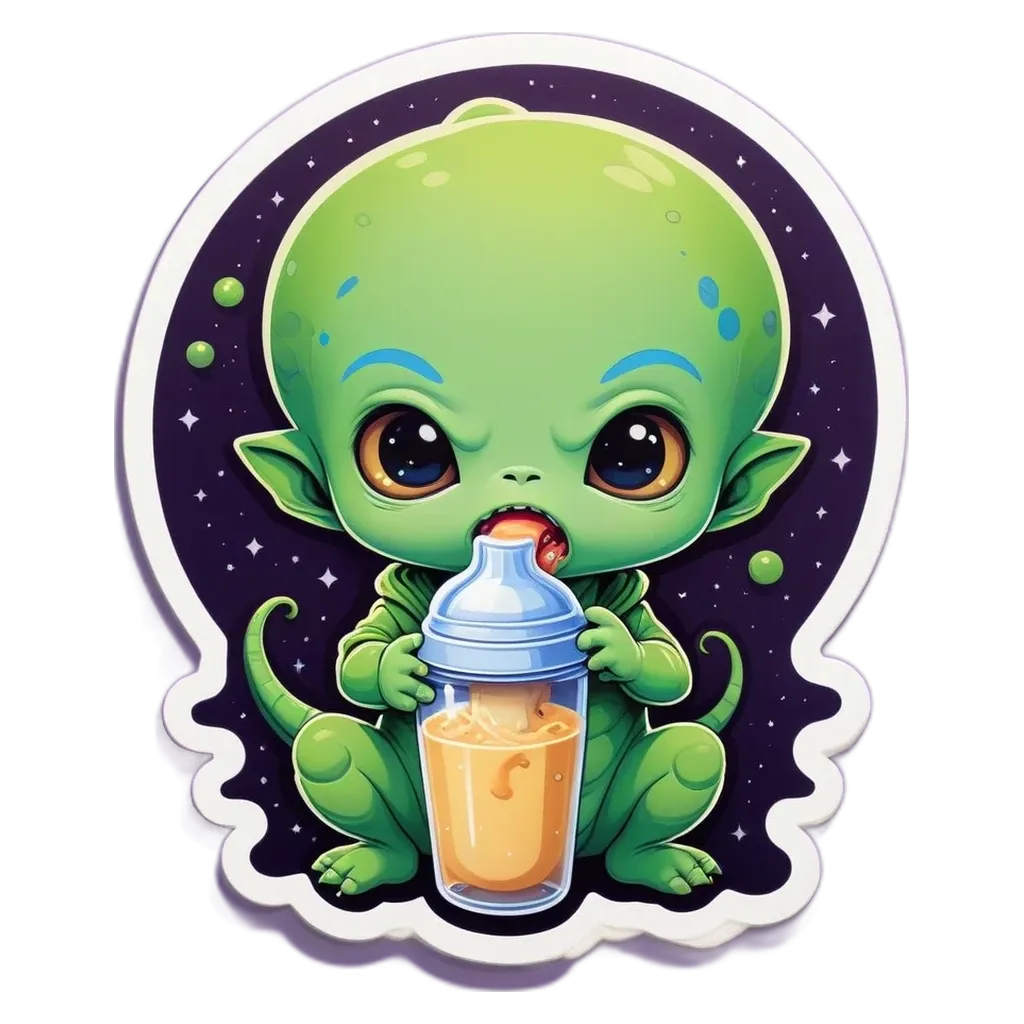 A green alien drinking from a cup that is blue on top.