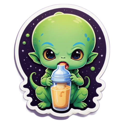 A green alien drinking from a cup that is blue on top.