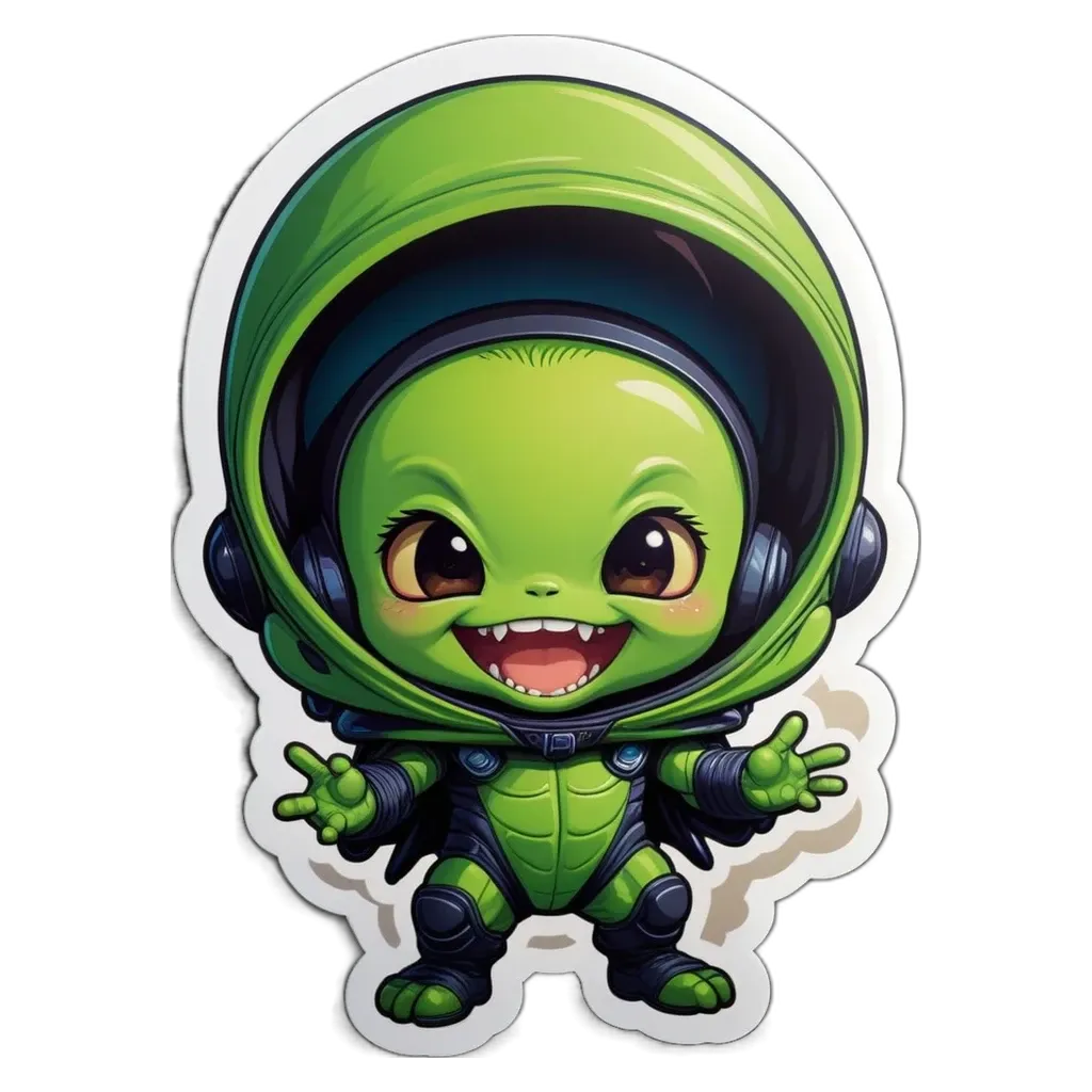 A child alien in a green and blue space suit.