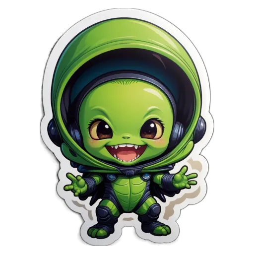 A child alien in a green and blue space suit.