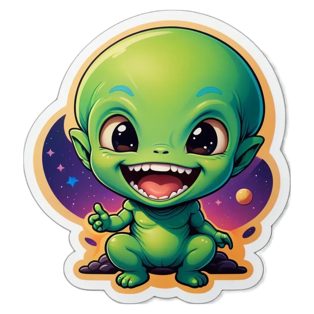 A green alien sticker that is smiling and pointing.