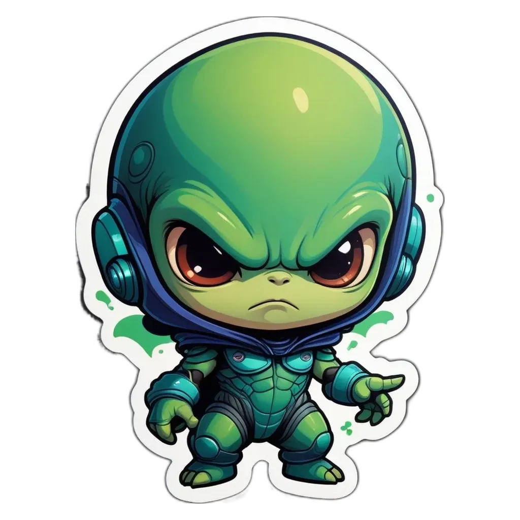 A green alien wearing blue headphones standing with his arms wide.