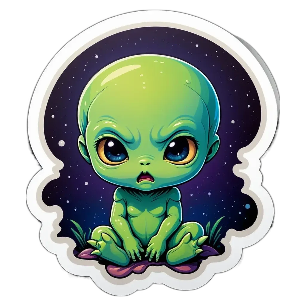 A green alien with big eyes standing inside a skull shaped sticker.