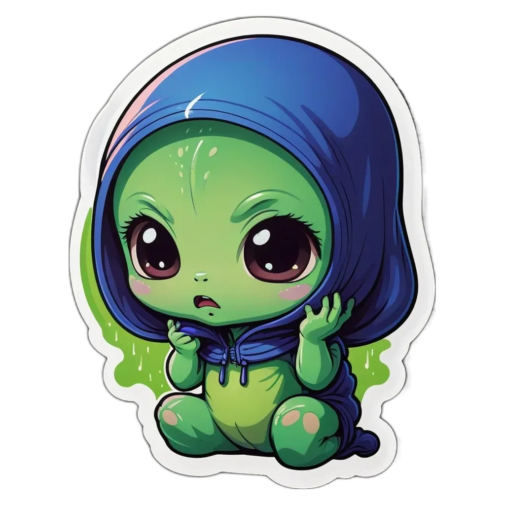 A green alien wearing a hood and a blue sweater.