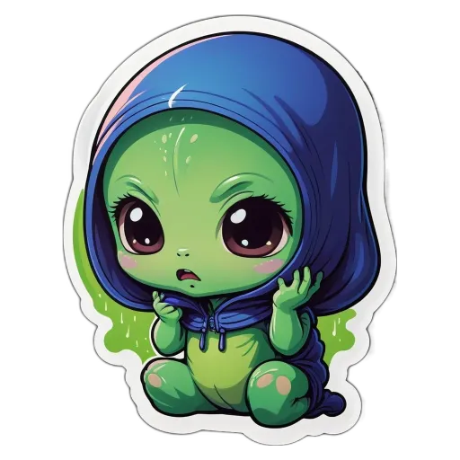 A green alien wearing a hood and a blue sweater.