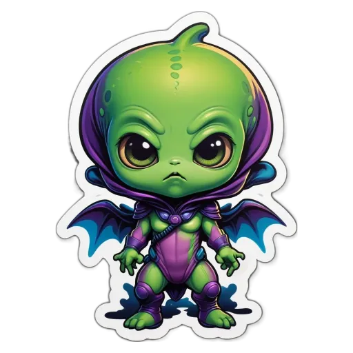 A sticker of a green alien that looks angry.