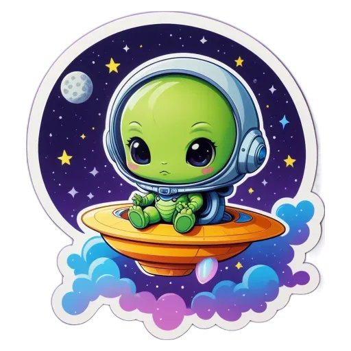 A cartoon green alien on a ship in space.