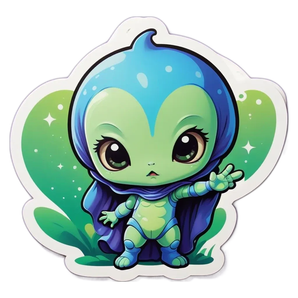 A green and blue alien that is wearing a cape and waving.