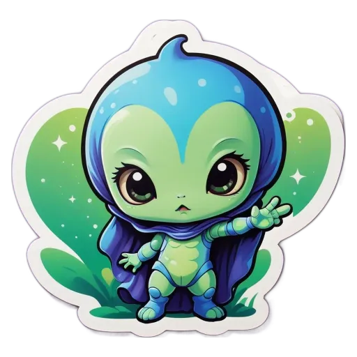 A green and blue alien that is wearing a cape and waving.