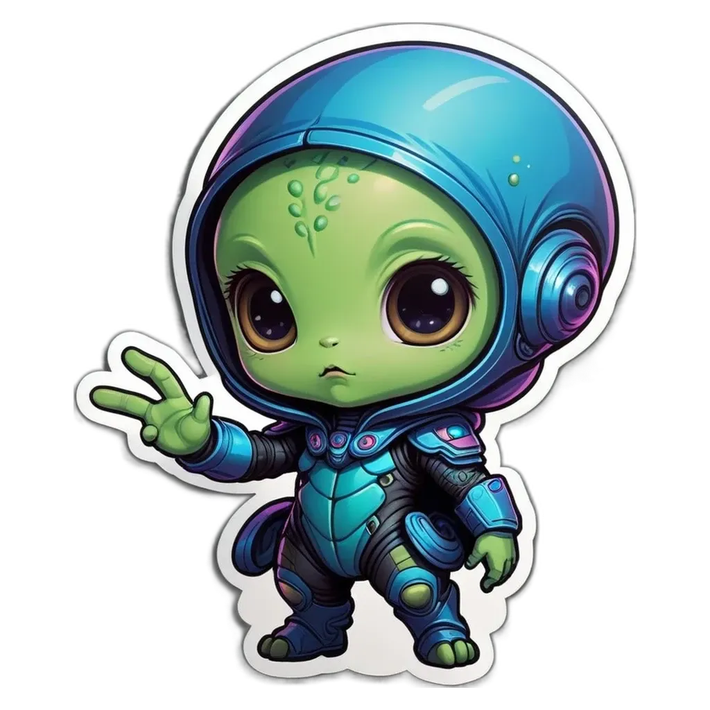 A small green alien wearing a blue helmet holding two peace signs.