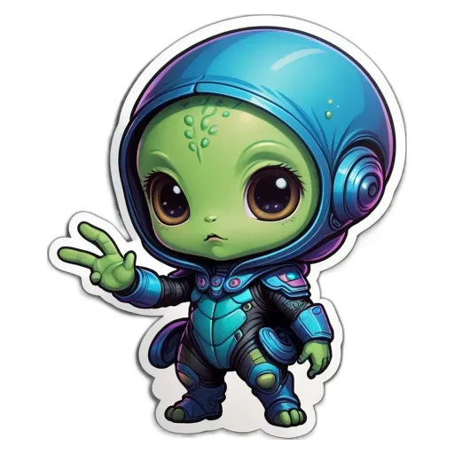 A small green alien wearing a blue helmet holding two peace signs.