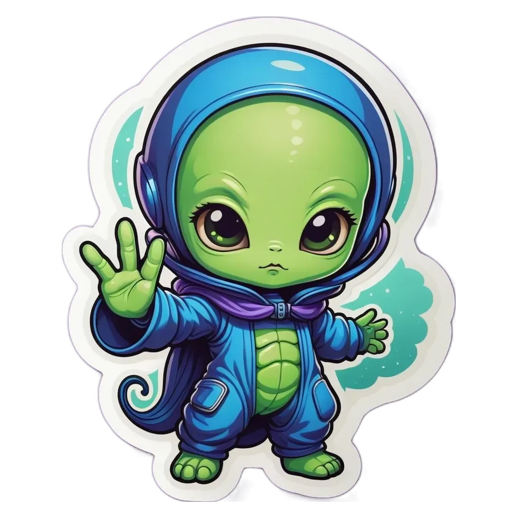 A child alien wearing blue full body clothing and a green hat.