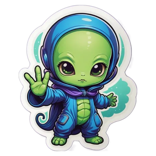 A child alien wearing blue full body clothing and a green hat.