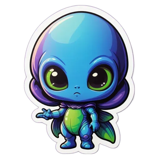 A cartoon alien that is blue and green with a sad expression.