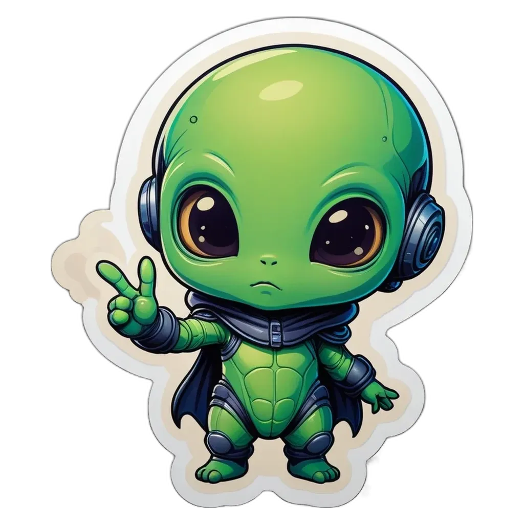 A green alien sticker that is holding a peace sign.