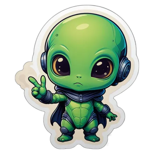 A green alien sticker that is holding a peace sign.