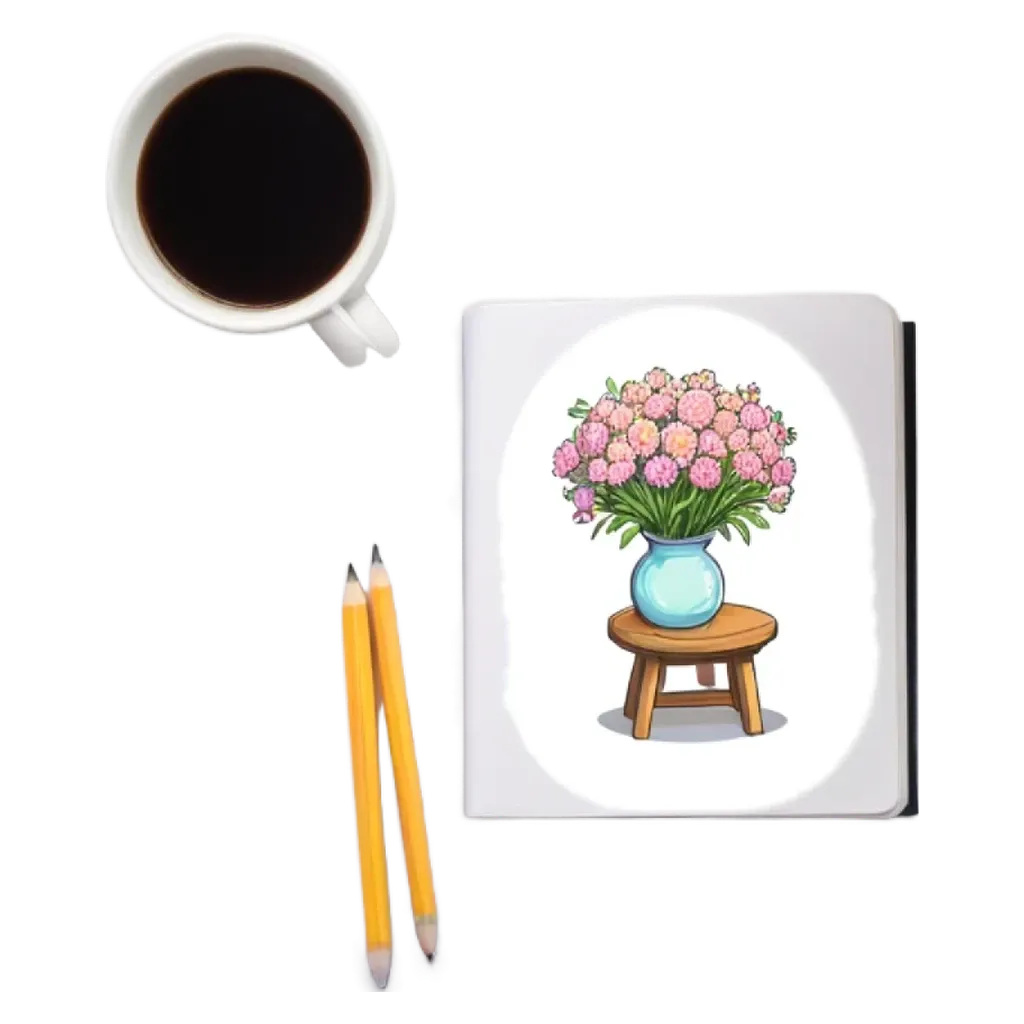 A cartoon drawing of flowers and a vase is on a white piece of paper.