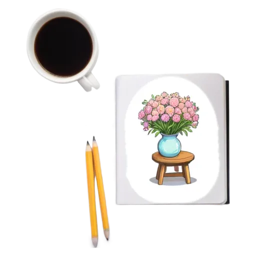 A cartoon drawing of flowers and a vase is on a white piece of paper.