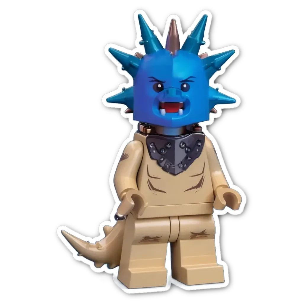 A lego figure with a blue helmet and red spikes on its head.