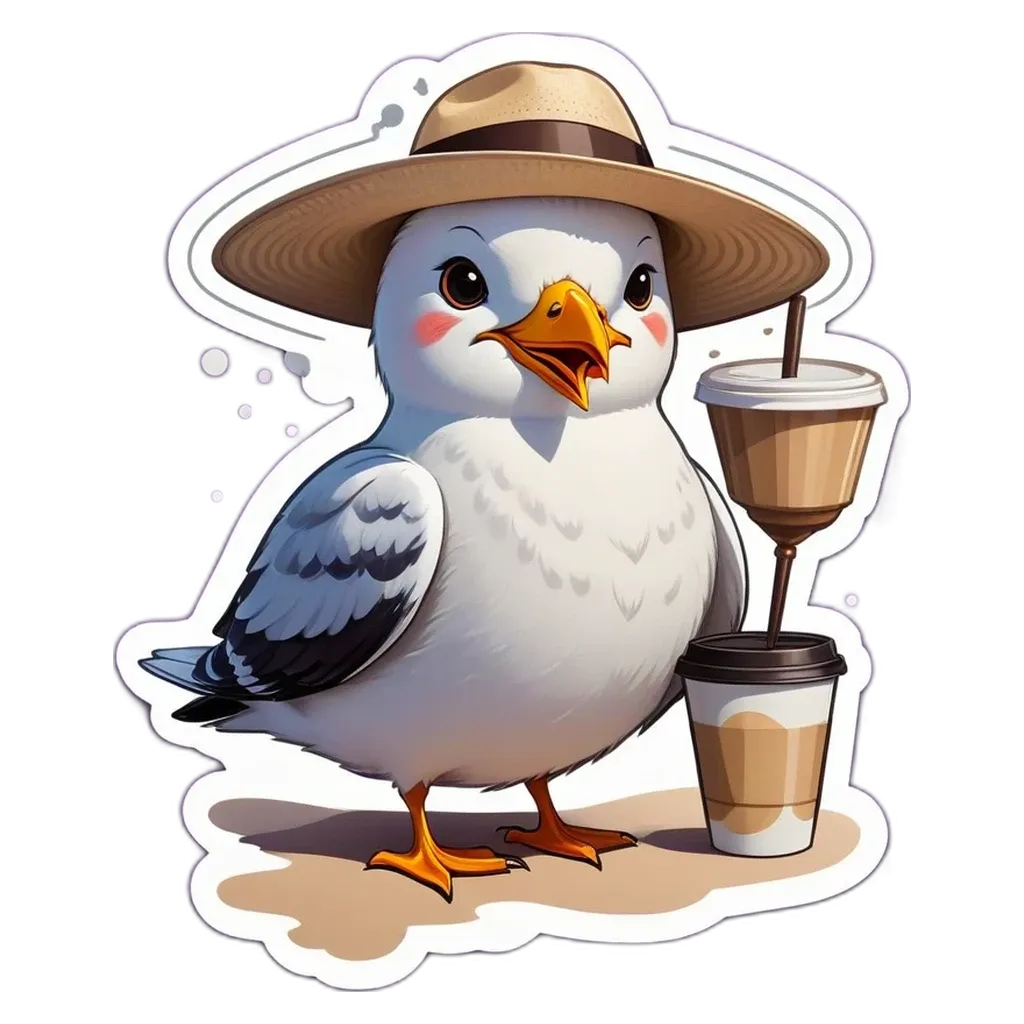 A bird wearing a hat holding a coffee cup.