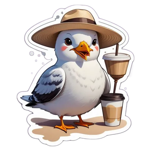 A bird wearing a hat holding a coffee cup.