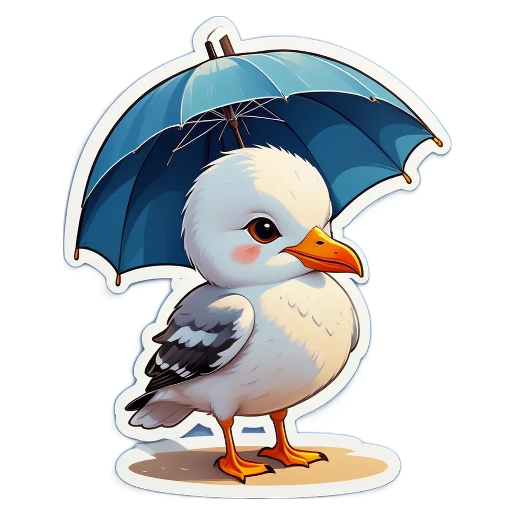 A bird holding a blue umbrella sticker is standing on a beach.