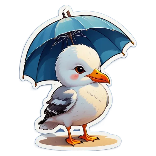 A bird holding a blue umbrella sticker is standing on a beach.