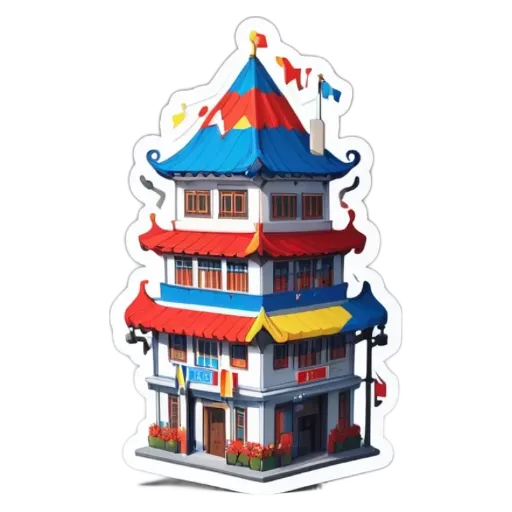 A colorful sticker of a building with red, blue, and yellow colors.